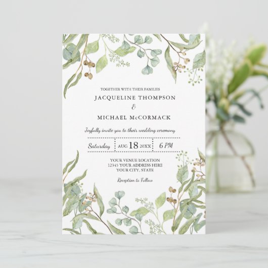 Rustiek wijnhuis Boho Eucalyptus groen bruiloft Kaart (Staand voorkant)