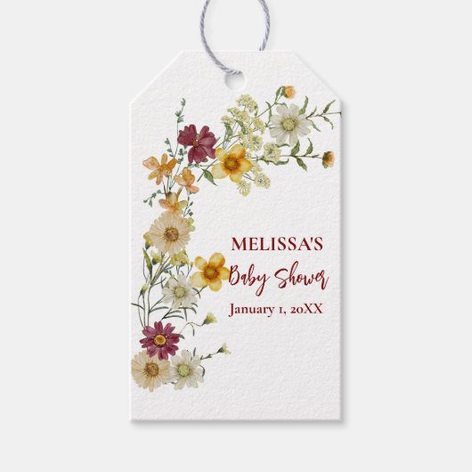 Rustiek wildflower bordeaux baby shower cadeaulabel (Voorkant)