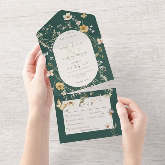 Rustiek Wildflower Lijst Emerald Green Drie Diner All In One Uitnodiging (Afscheurbaar)