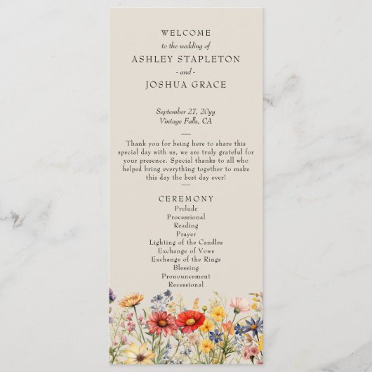 Rustiek Wildflower Neutraal Bloemen Bruiloft Progr Kaart (Voorkant)