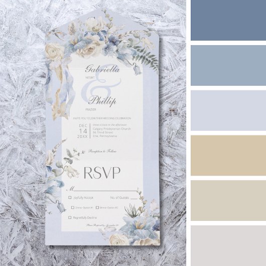 Rustiek Winter Frosty Blauw & Wit Bloemen Diner All In One Uitnodiging