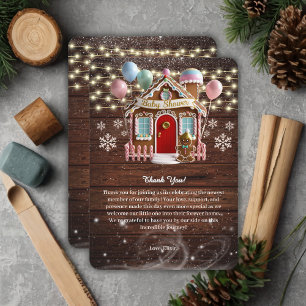 Rustiek Winter Gingerbread House Baby shower Bedankkaart