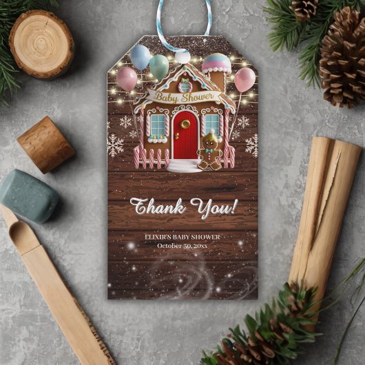 Rustiek Winter Gingerbread House Baby shower Cadeaulabel