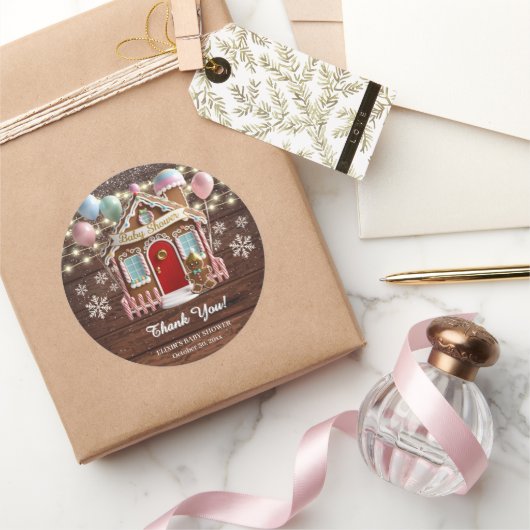 Rustiek Winter Gingerbread House Baby shower Ronde Sticker (Geschenken)