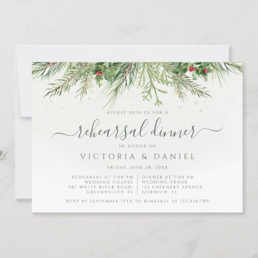 Rustiek Winter groen bessen repetitie diner Kaart (Voorkant)