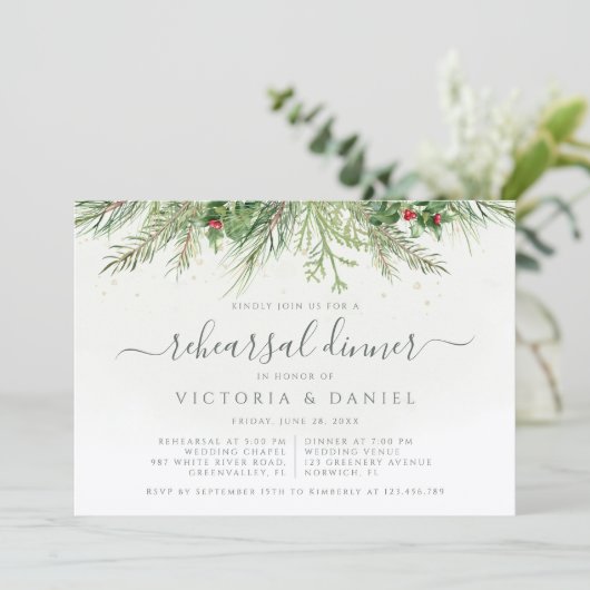 Rustiek Winter groen bessen repetitie diner Kaart (Staand voorkant)