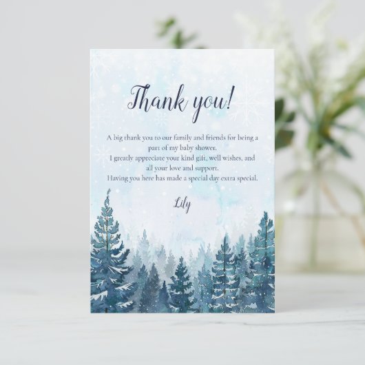 Rustiek Winter Waterverf Pijnboombos Baby shower Bedankkaart (Staand voorkant)