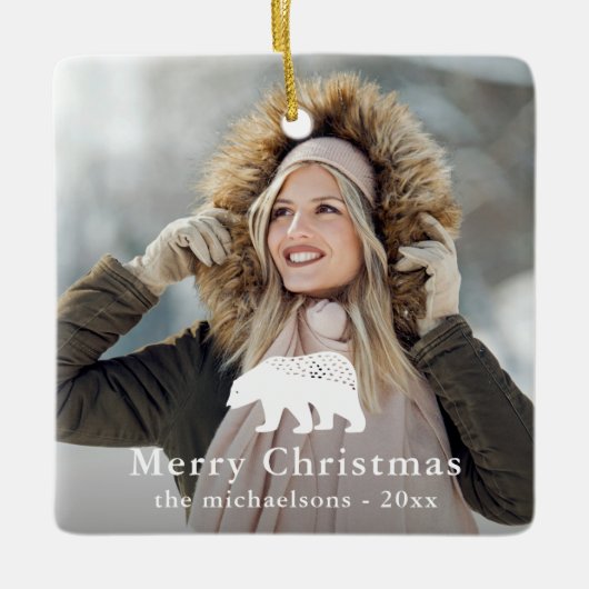 Rustiek Wit Beer Kerst Vakantie Foto Keramisch Ornament (Voorkant)