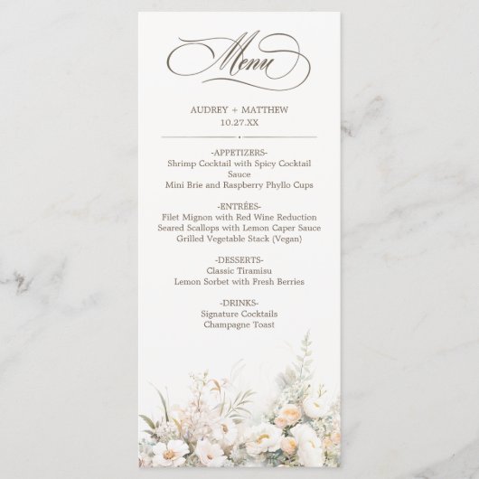 Rustiek wit bloeit bruiloft diner menu (Voorkant)