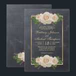 Rustiek Wit Bloemen Chalkboard Formal | Bruiloft Kaart<br><div class="desc">Rustieke krijtbordachtergrond met witte rozenbloemstukken aan de bovenkant en de onderkant van een gouden lijst. Neem contact met me op als je overeenkomende objecten nodig hebt.</div>