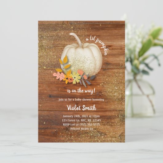 Rustiek Wit en Goud Pompoen Baby shower Invite Kaart (Staand voorkant)