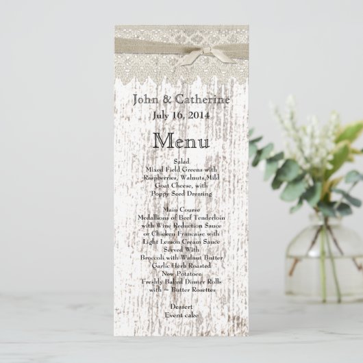 Rustiek Wit Gewassen Hout en Kant Wedding Menu (Staand voorkant)