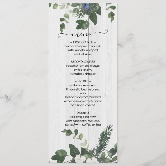 Rustiek Wit Hout Bloemen & Pine Menu Kaart (Voorkant)