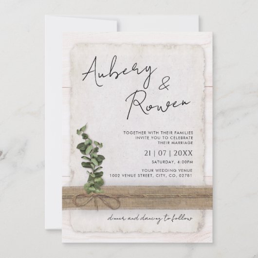 Rustiek Wit Hout Eco Eucalyptus Fotobruiloft Kaart (Voorkant)