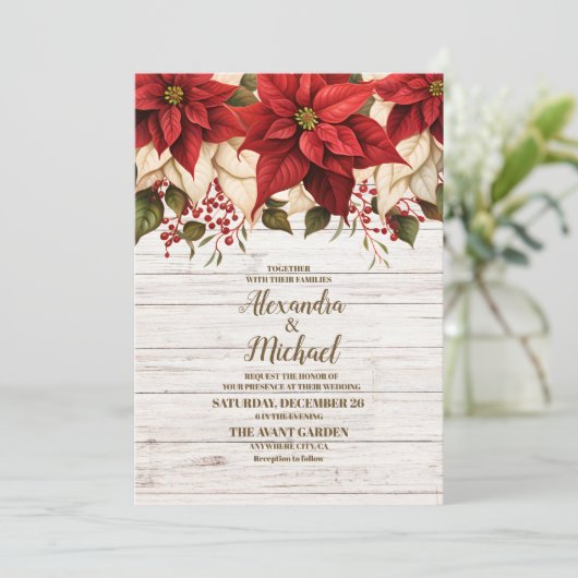 Rustiek wit hout Poinsettia bruiloft Kaart (Staand voorkant)