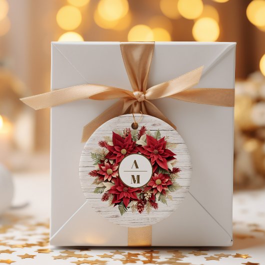 Rustiek wit hout Poinsettia bruiloft Ronde Sticker