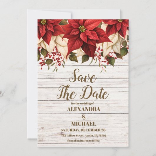 Rustiek wit hout Poinsettia bruiloft Save The Date (Voorkant)