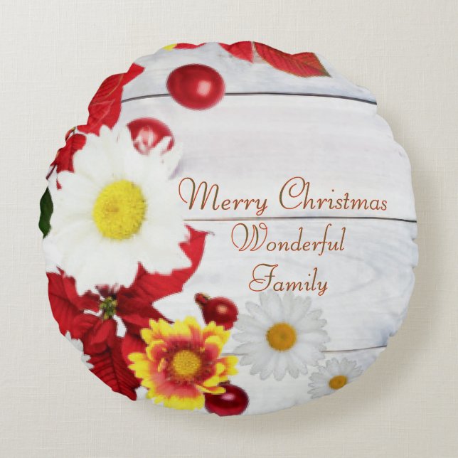 Rustiek wit hout poinsettia en gele bloem rond kussen (Voorkant)