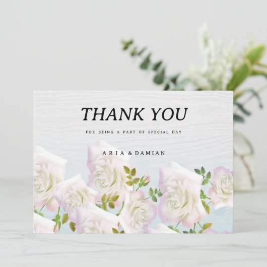 Rustiek wit hout roze mint rozen Dank u Kaart (Staand voorkant)