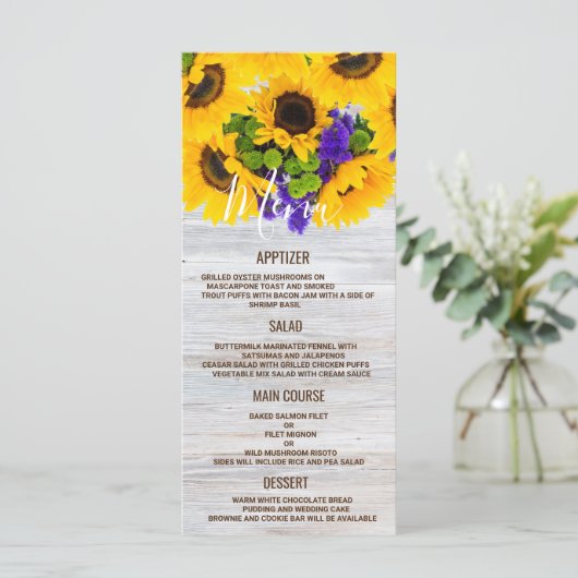 Rustiek wit hout zonnebloem bloemenbruiloft Menu (Staand voorkant)