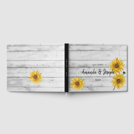 Rustiek wit hout zonnebloemen bruiloft gastenboek (Volledig)