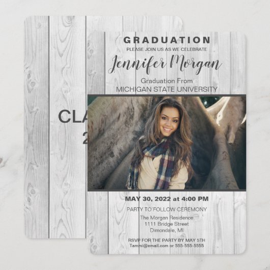 Rustiek Wit Houten Foto Afstuderen Invitation Kaart (Voorkant / Achterkant)