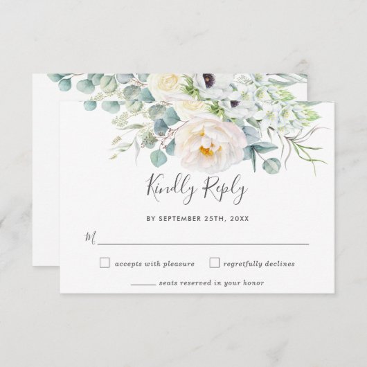 Rustiek wit Ivoor Pioen Bloemen Groen Bruiloft RSVP Kaartje (Voorkant / Achterkant)