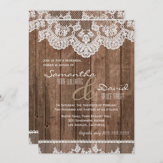 Rustiek Wit Kant en Hout Repetitie Diner Invite Kaart (Voorkant / Achterkant)