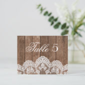 Rustiek Wit Kant en Houten Trouwtafel Nummer Briefkaart (Staand voorkant)
