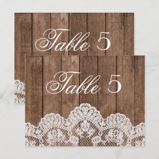 Rustiek Wit Kant en Houten Trouwtafel Nummer Briefkaart (Voorkant / Achterkant)