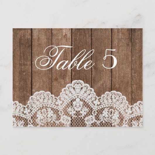 Rustiek Wit Kant en Houten Trouwtafel Nummer Briefkaart (Voorkant)