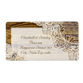 Rustiek wit kant op houten bruiloft etiket (Voorkant)