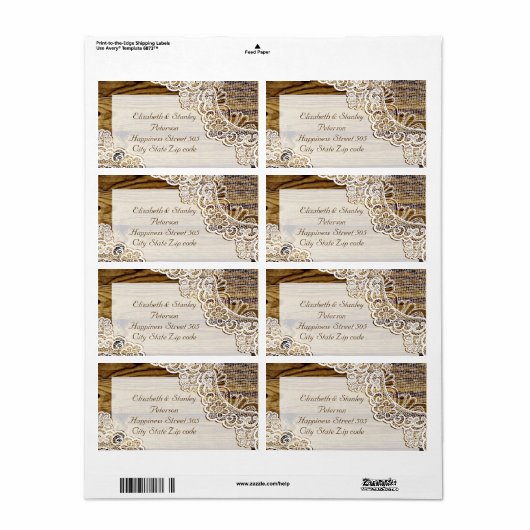 Rustiek wit kant op houten bruiloft etiket (Full Sheet)