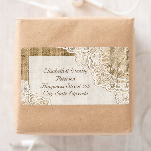 Rustiek wit kant op jute bruiloft etiket (Insitu)
