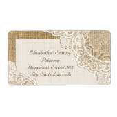 Rustiek wit kant op jute bruiloft etiket (Voorkant)