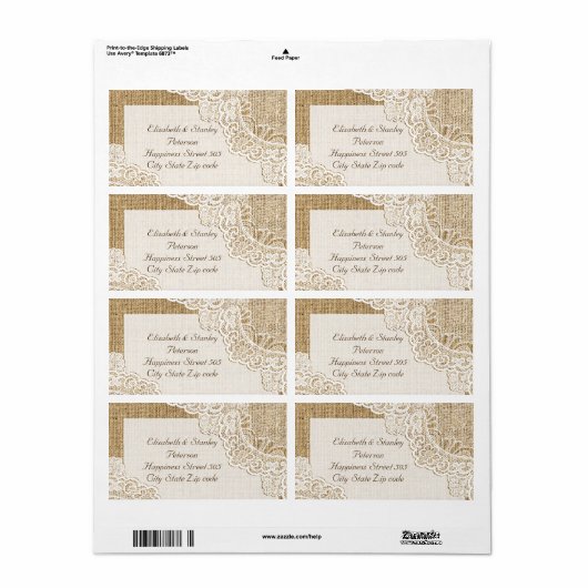 Rustiek wit kant op jute bruiloft etiket (Full Sheet)