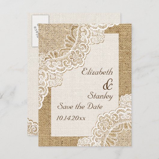 Rustiek wit kant op jute bruiloft Save the Date Aankondigingskaart (Voorkant / Achterkant)