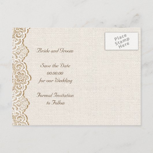 Rustiek wit kant op jute bruiloft Save the Date Aankondigingskaart (Achterkant)