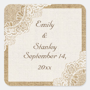 Rustiek wit kant op jute bruiloft Save the Date Vierkante Sticker