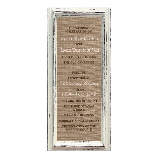 Rustiek Wit Lijst & Burlap Trouwprogramma Reclamekaart (Voorkant)