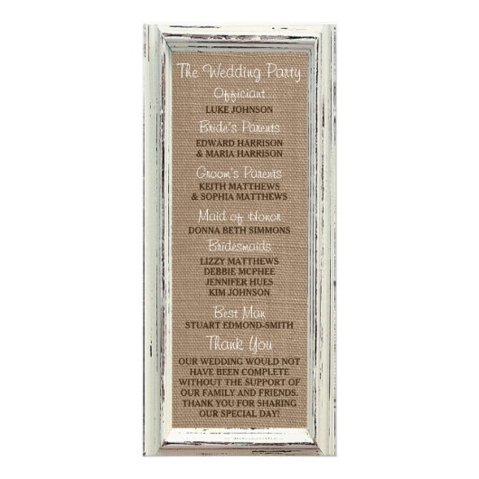 Rustiek Wit Lijst & Burlap Trouwprogramma Reclamekaart (Achterkant)