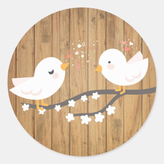 Rustiek Wit Lovebirds Bruin Hout Bruiloft Ronde Sticker (Voorkant)