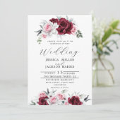 Rustiek Wit Maroon Roos Bloemenbruiloft Kaart (Staand voorkant)