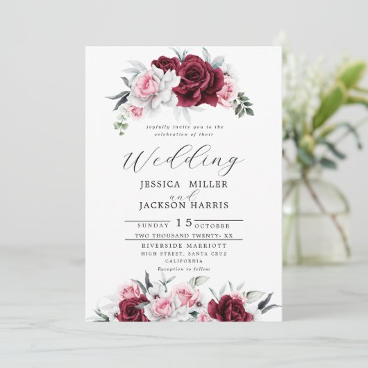 Rustiek Wit Maroon Roos Bloemenbruiloft Kaart (Staand voorkant)