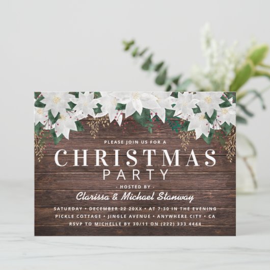 Rustiek Wit Poinsietta Feestelijk Kerstfeest Kaart (Staand voorkant)