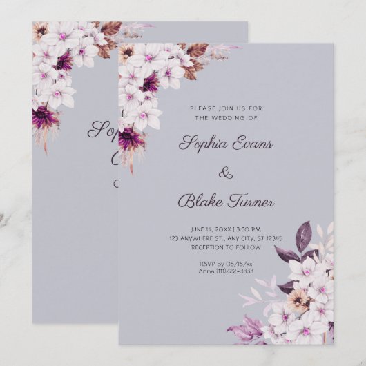 Rustiek Wit Roze Bloemen Boho Wolk Grijs Bruiloft Kaart (Voorkant / Achterkant)