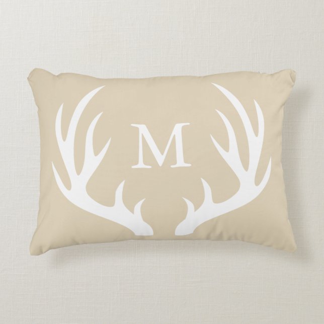 Rustiek Wit Silhouet Buck Antlers & Taupe Accent Kussen (Voorkant)