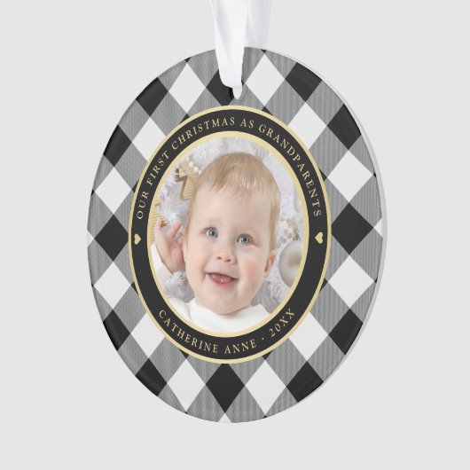 Rustiek Wit Zwart Plaid Eerste Grootouders Foto Ornament (voorkant)