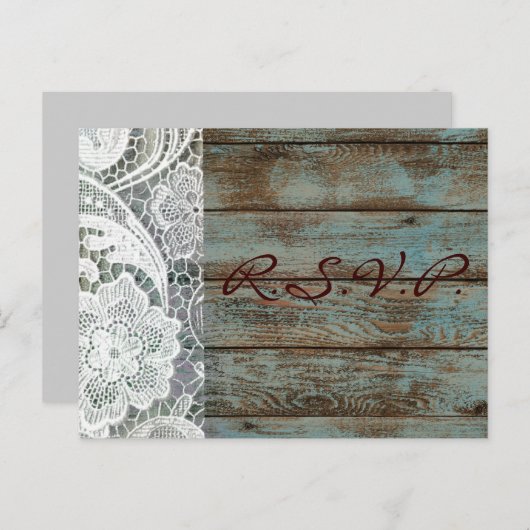 Rustiek Witte kant blauwgroen schuur Hout bruiloft Uitnodiging Briefkaart (Voorkant / Achterkant)