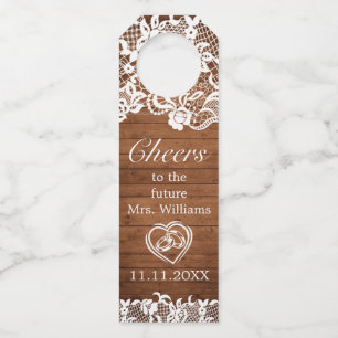 Rustiek Wood & White Lace Cheers Vrijgezellenfeest Flessenhanger